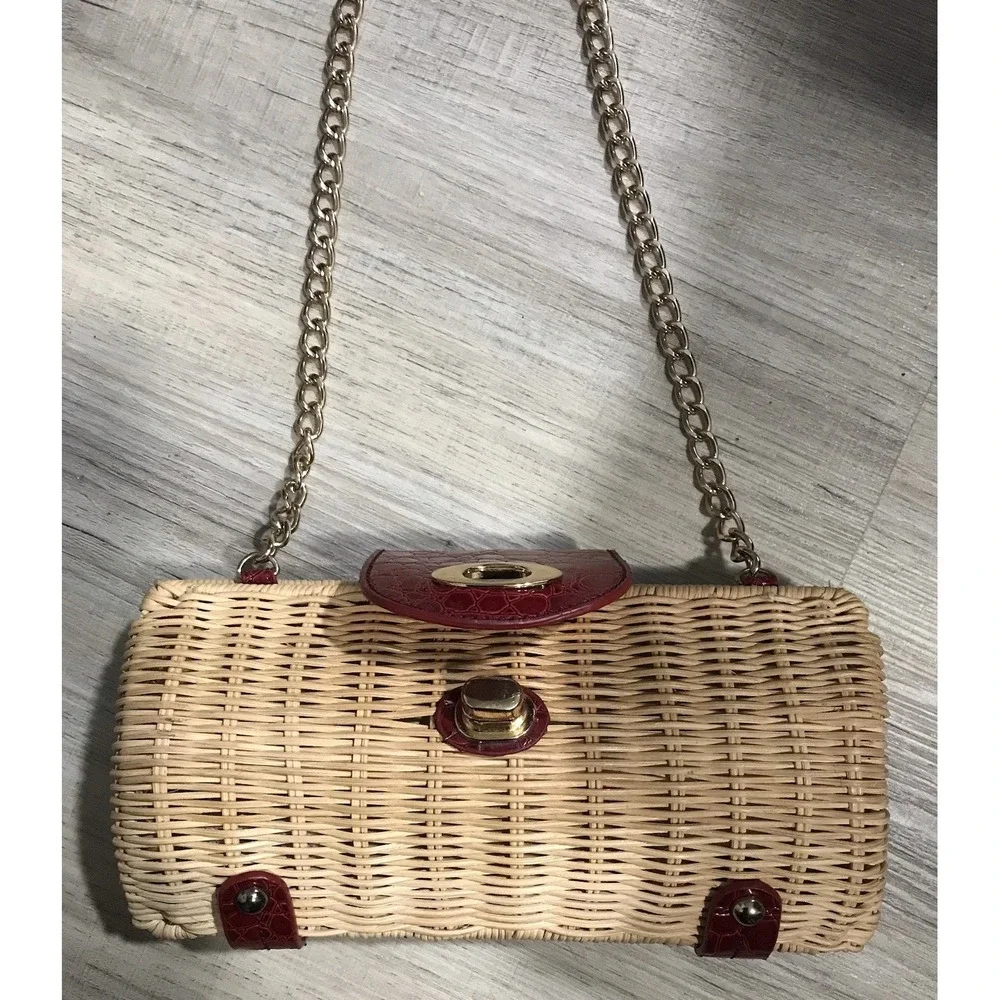 Vintage Straw Woven Handbag Red Leather Accents with Gold Chain
